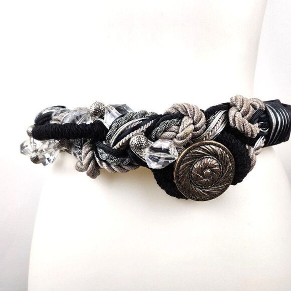 Susan Maddox Designs Vintage 80s Braided Rope Belt Black Silver Adjustable - Picture 1 of 7